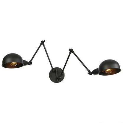Black matte double swing arm wall sconce with articulated arms and dome lampshades for bedroom reading light