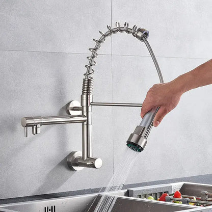 Black matte decorbites dual spout kitchen faucet with flexible stainless steel coiled hose and detachable spray head