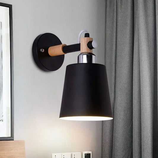 Black matte wall lamp with wooden arm, silver accent, empire shade, compatible with e26 e27 bulbs for stairs
