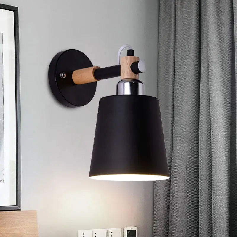 Black matte wall lamp with wooden arm, silver accent, empire shade, compatible with e26 e27 bulbs for stairs