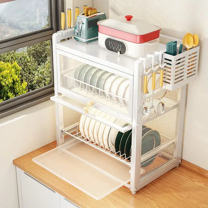 White plastic dish drying rack with mesh sides and multiple shelves for plates bowls and utensils storage