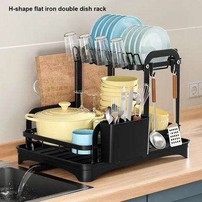 Black metal 2 tier h-shaped dish drainer storage rack with a sleek modern design for kitchen organization