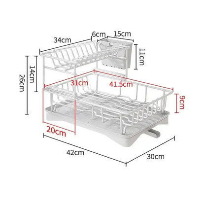 White two-tier plastic dish drainer with built-in soap dispenser on upper level for kitchen storage rack organization