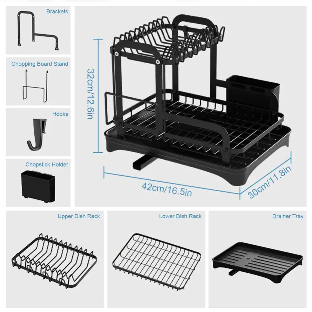 Black metal two tier dish drainer storage rack with draining tray and integrated chopstick holder for kitchen organization