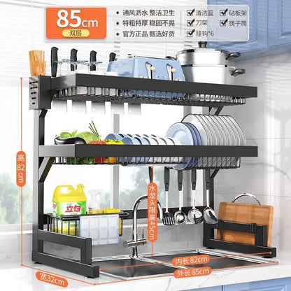 Black metal 2-tier dish drying rack with stainless steel construction, integrated knife holder, and cutting board stand