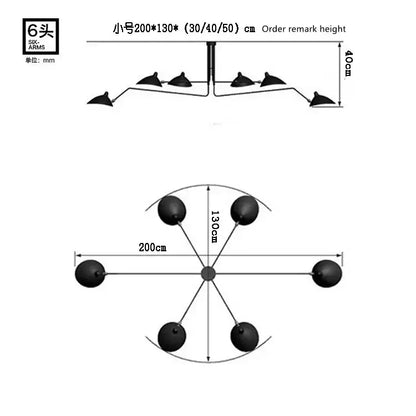 Black metal six-arm ceiling fixture with spherical light heads and central hub for decorbites adjustable arm floor lamp