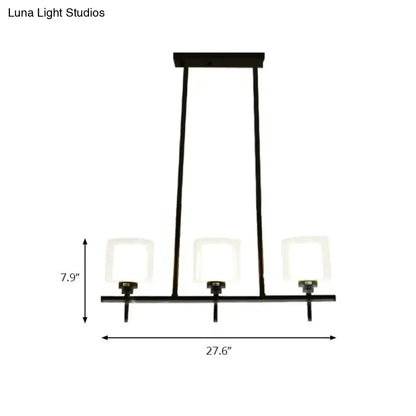 Black metal 3 light cylinder chandelier with frosted glass shades for dining room use 110v-120v bulb base compatible