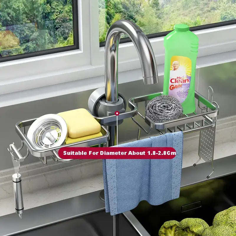 Black metal adjustable kitchen sink rack with stainless steel faucet-mounted soap dish sponge holder and scrubber rack