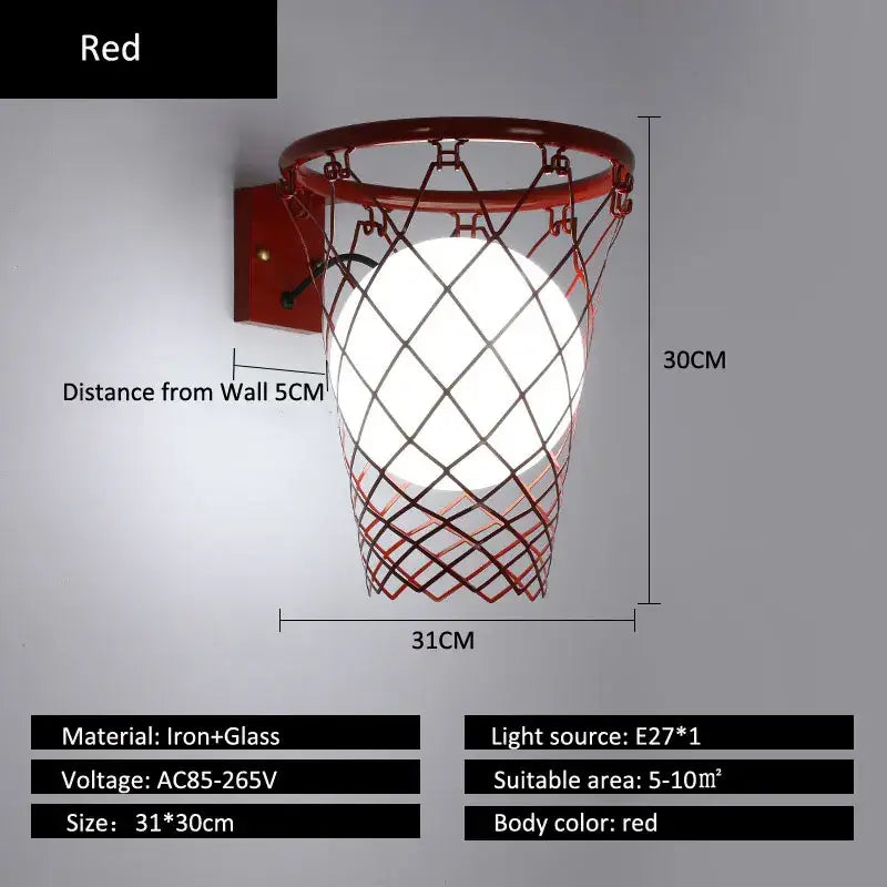 Red iron and glass basketball wall lamp with netted design for creative bedroom decorbites basketball wall lighting
