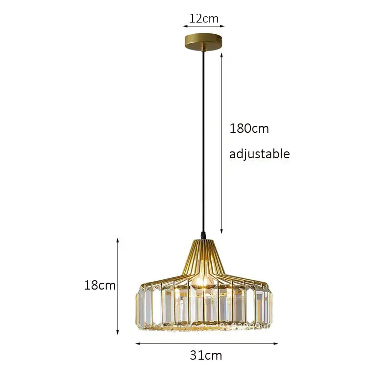 Gold-toned pendant lamp with geometric cage frame and clear crystal accents for decorbites crystal kitchen use