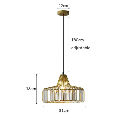 Gold-toned pendant lamp with geometric cage frame and clear crystal accents for decorbites crystal kitchen use