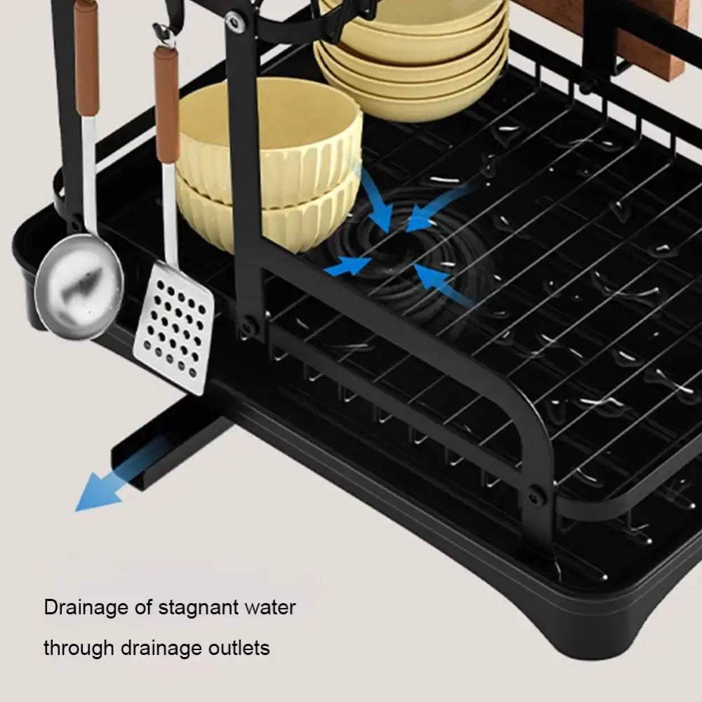 Black metal double layer dish drying rack with grid design and side hooks for utensil storage and organization