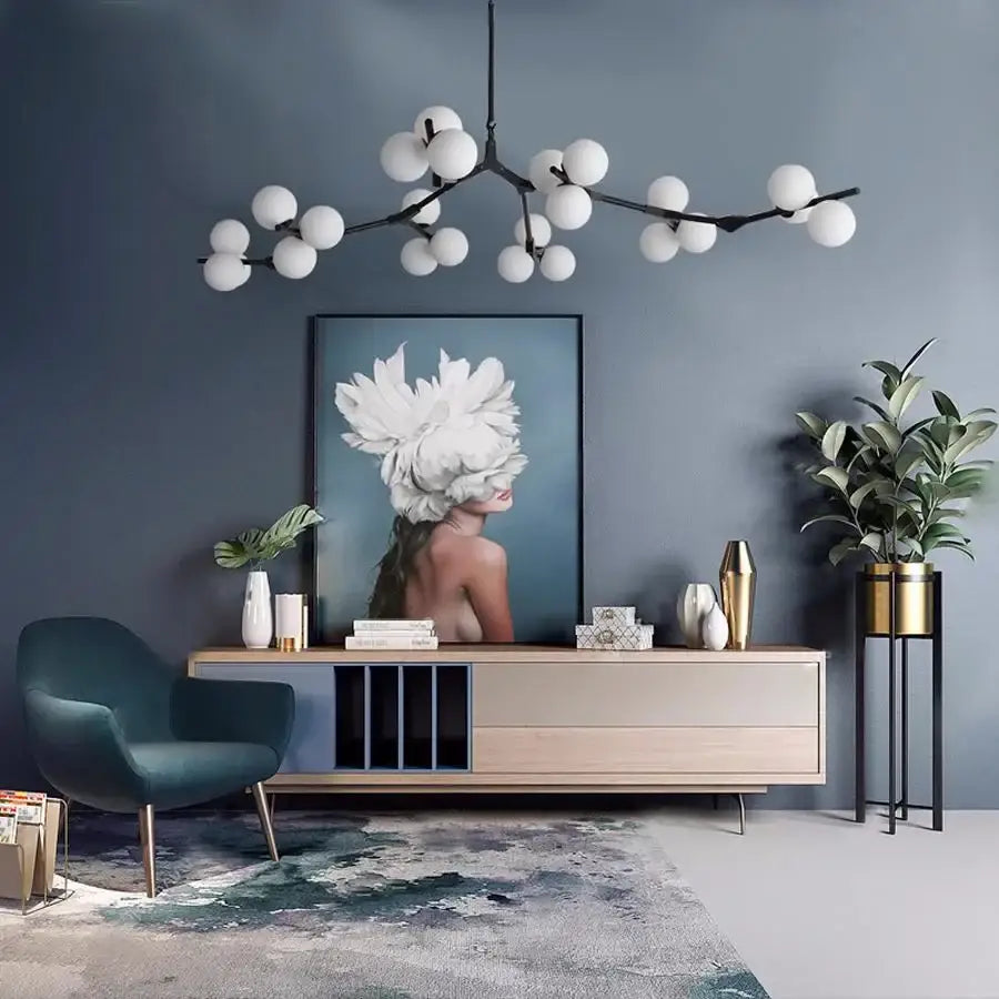 Modern black metal glass ball led chandelier with spherical branching design for living room decorbites glass ball lighting