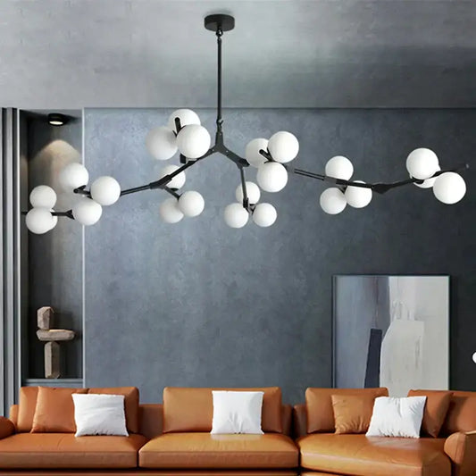 Black metal glass ball led chandelier with multiple white spherical globes for living room decorbites glass ball lighting