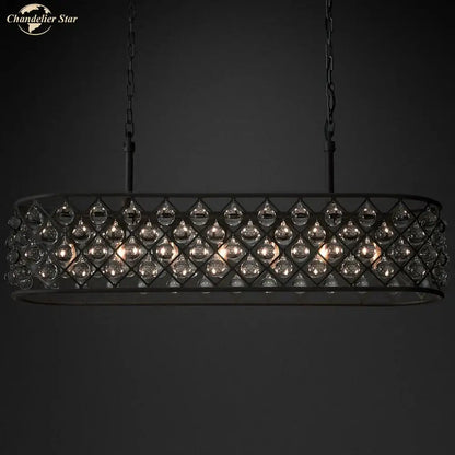 Black metal glass drop chandelier pendant lights with clear crystal droplets in diamond pattern for dining room