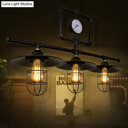 DecorBites antiqued black metal pendant lamp with three exposed filament bulbs and pressure gauge for ceiling lighting 220v-240v