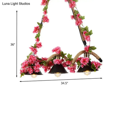 Decorbites™ black conical metal pendant light with twisted rope and pink flowers 3-light ceiling fixture 220v-240v led incandescent fluorescent