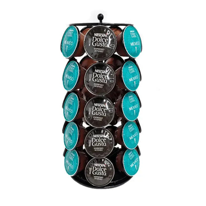 Black metal rotating storage rack holding nescafé dolce gusto espresso intenso capsules for kitchen use