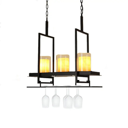 Black metal wine glass chandelier with three amber led incandescent fluorescent candle-style lights and chain cord length