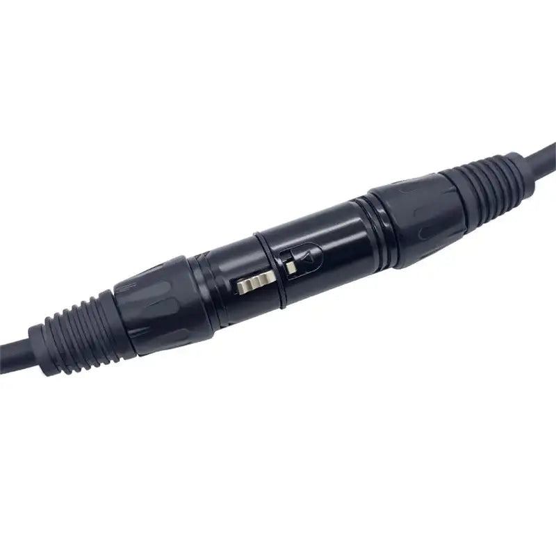 Black metallic dmx cable with textured grip and metallic contacts for stage lighting console connections