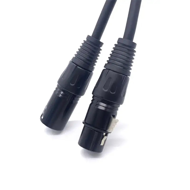Black metallic dmx cable with textured connectors and ribbed strain relief for stage lighting console use