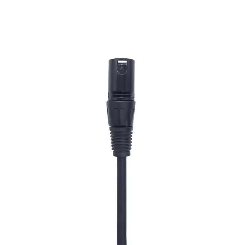 Black metallic dmx cable with black xlr male connector featuring threaded locking for stage lighting console use