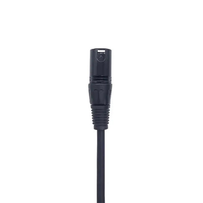 Black metallic dmx cable with black xlr male connector featuring threaded locking for stage lighting console use