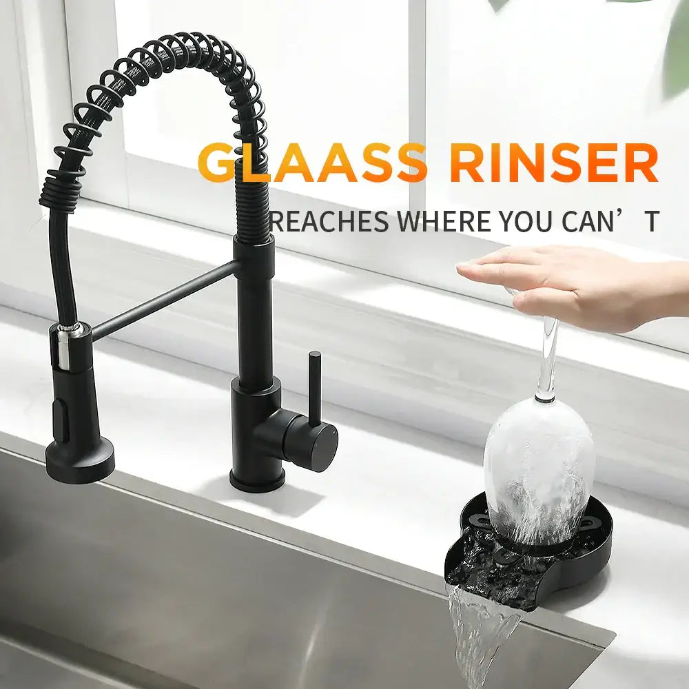 Black plastic automatic glass rinser and cup washer with black matte flexible gooseneck faucet for home kitchen sink
