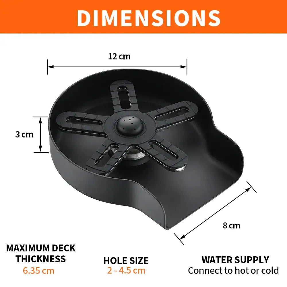 Black plastic automatic glass rinser and cup washer drain trap with perforated hole and ribbed arms for home kitchen sink