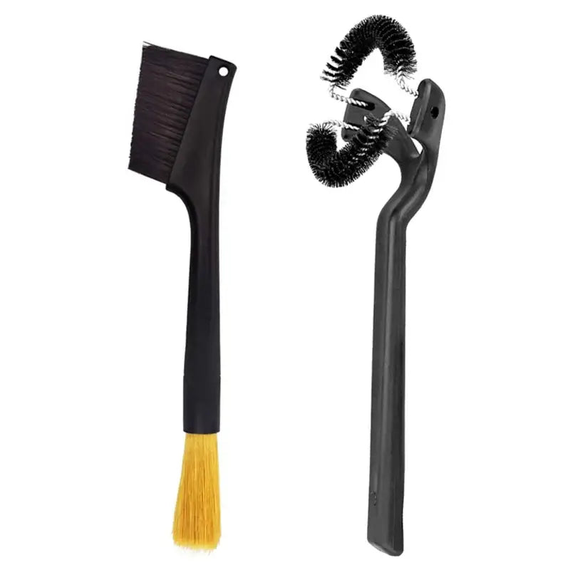 Black plastic espresso machine cleaning brush set with black handled flat brush and coiled wire brush for tight spaces