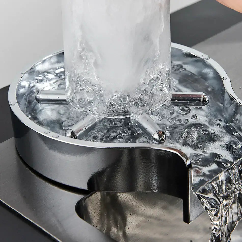 Shiny chrome-finished glass rinser faucet with cylindrical chamber and water spouts for kitchen sink accessory
