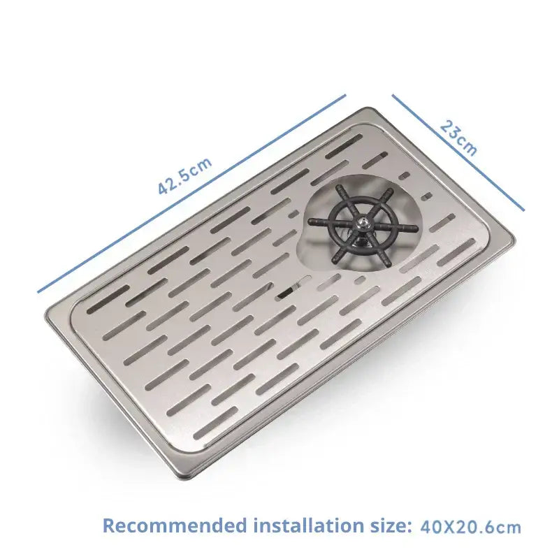 Rectangular stainless steel sink drain tray with black ship’s wheel central strainer for glass rinser faucet accessory