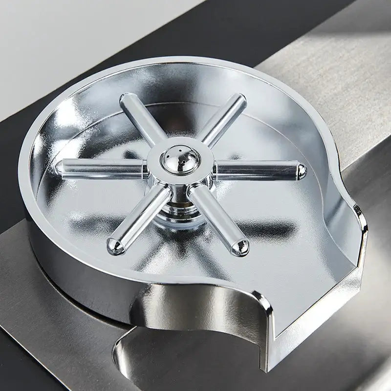 Shiny chrome-finished espresso machine portafilter holder with star design for black plastic glass rinser faucet accessory