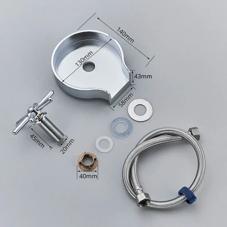 Shiny chrome-finished mounting plate with integrated flange and threaded connection points for glass rinser faucet