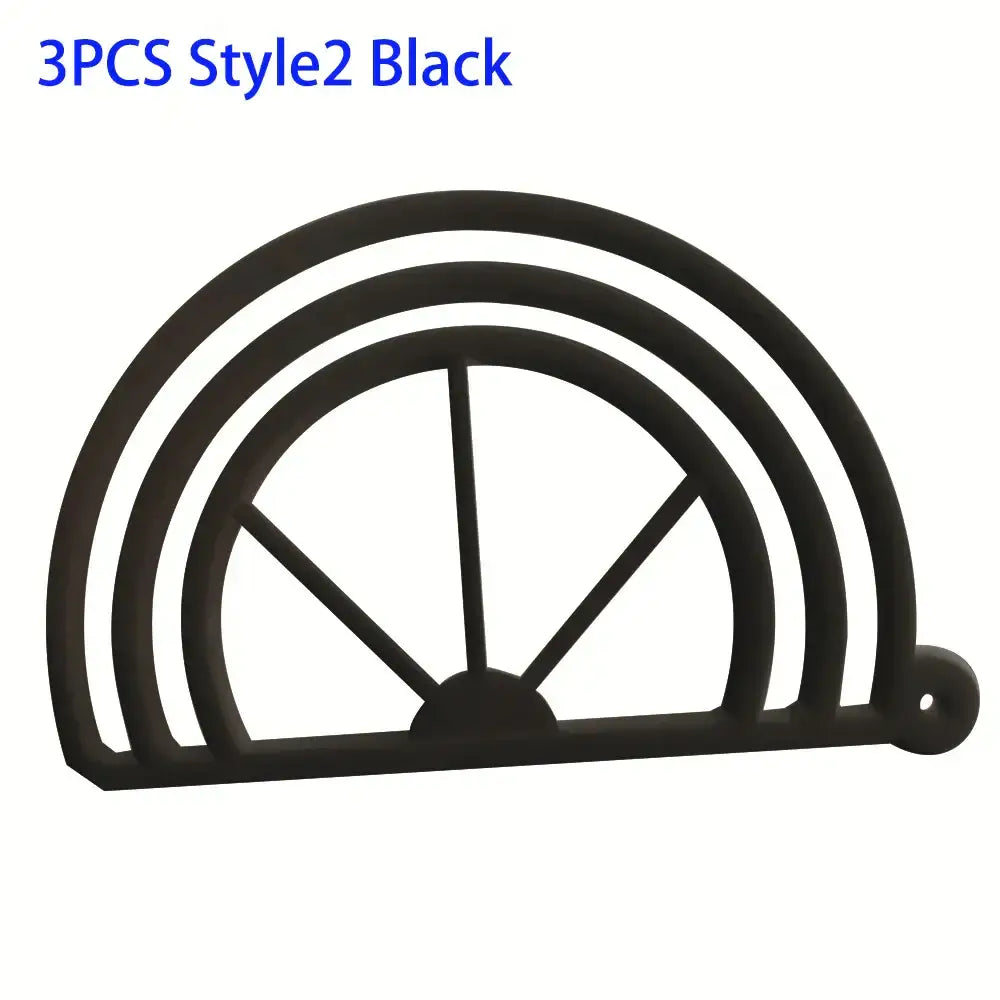 Black plastic hat brim bender with semi-circular wall-mounted rack and radial spokes for decorbites hat display