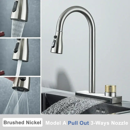 Brushed nickel pull-out kitchen faucet with arched spout and 3-way spray nozzle for decorbites black rainwater kitchen