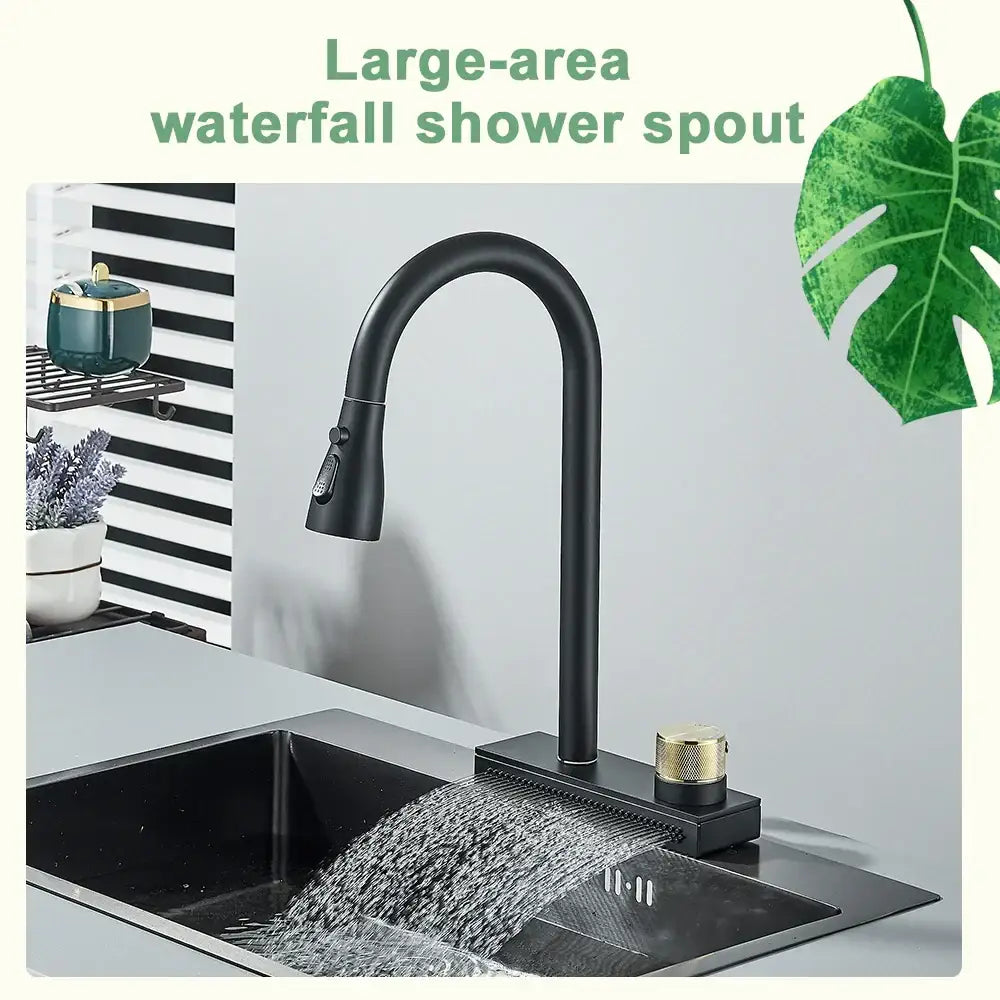 Black rainwater kitchen faucet with matte black waterfall spout and gold-toned knob from decorbites black rainwater collection