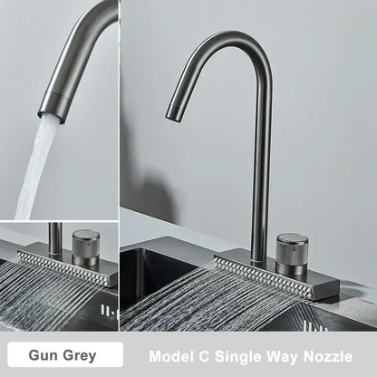 Gun grey metallic decorbites black rainwater kitchen faucet with sleek curved spout and textured control knobs