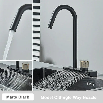 Matte black rainwater kitchen faucet with sleek curved spout and textured gold handles by decorbites black rainwater