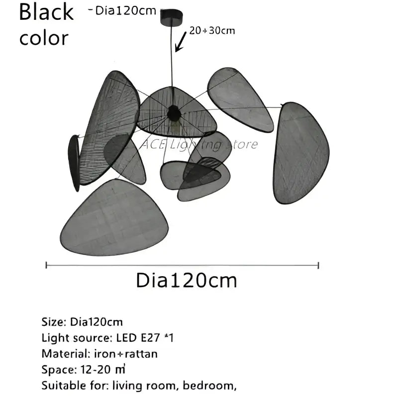 Black iron and rattan ceiling chandelier with irregular overlapping discs for modern decorbites black rattan decor