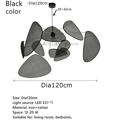Black rattan ceiling chandelier with black iron and rattan discs features a modern, organic decorbites black rattan design