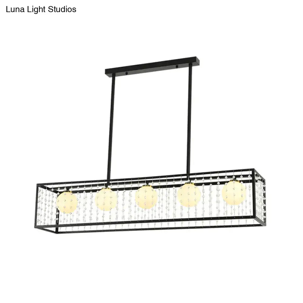 Black metal rectangle island pendant with opal glass spherical bulbs and dangling crystal beads light kit for dining room