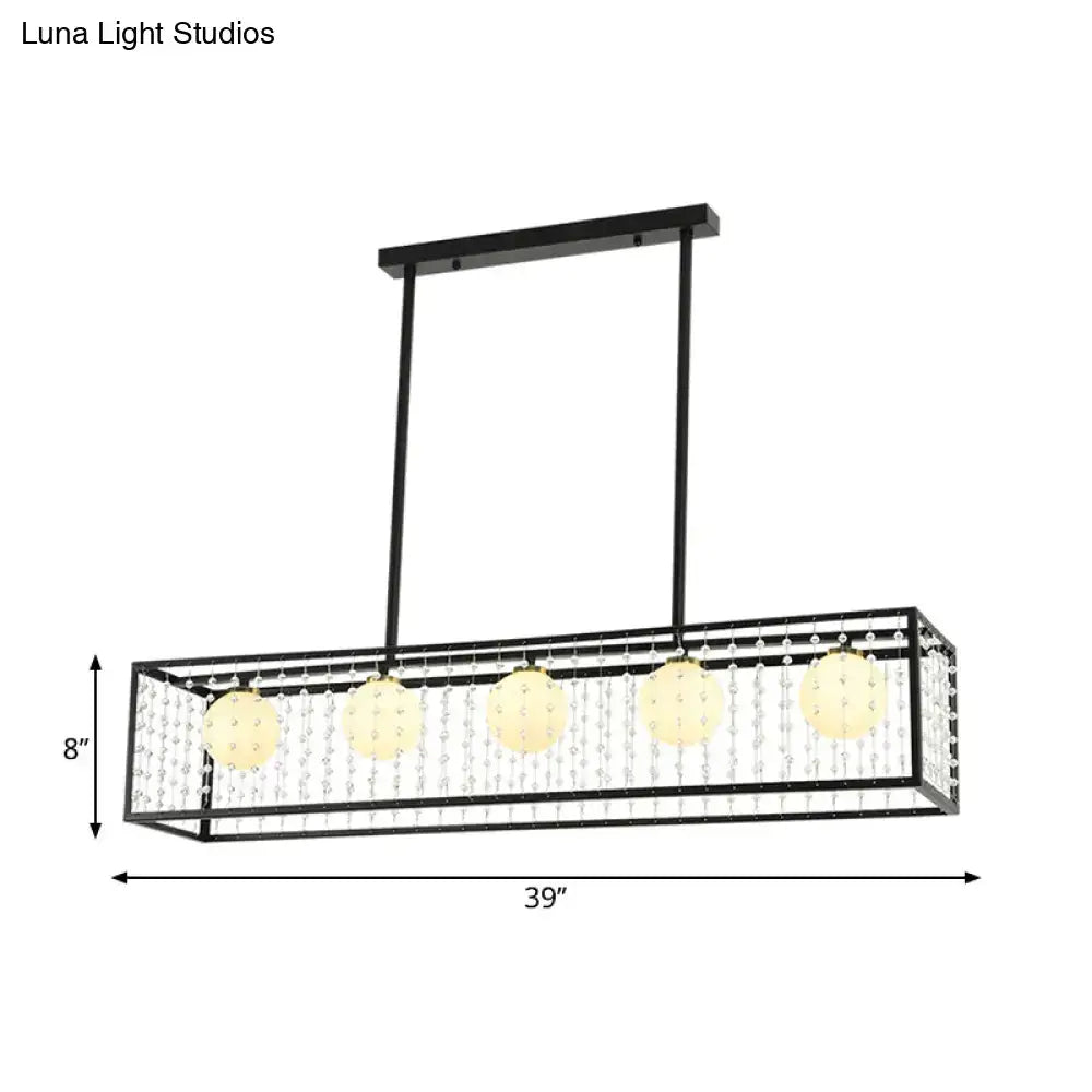 Black metal rectangular island pendant with opal glass globe lights and dangling crystal beads light kit for dining room