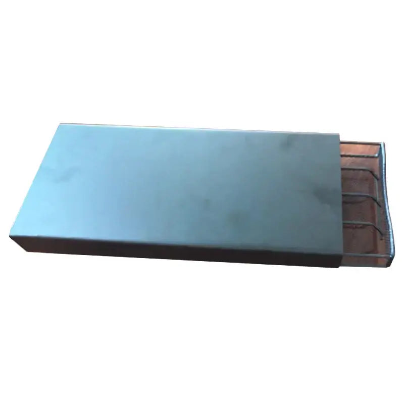 Black rectangular mesh coffee capsule organizer with light blue metal matchbox and copper interior for decorbites coffee capsule storage