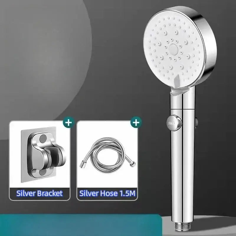 Shiny chrome decorbites black round shower head with circular face multiple nozzles and integrated control knob handheld sprayer