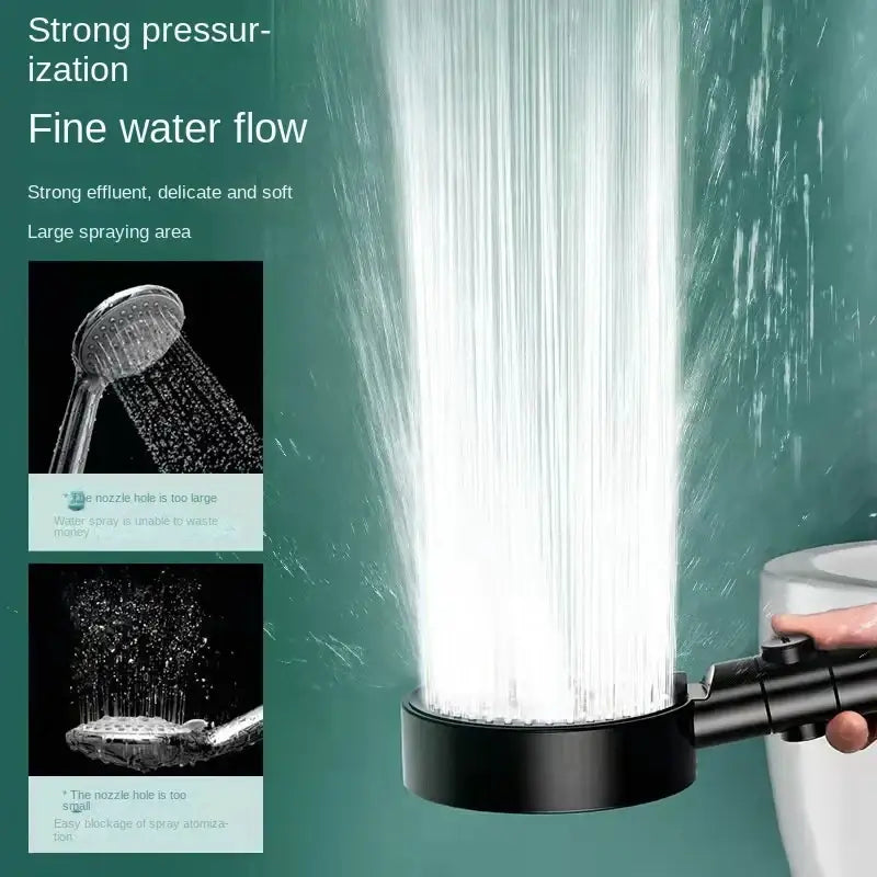 Black round shower head decorbites handheld sprayer with wide cylindrical nozzle emitting strong fine water flow