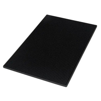 Black rubber coffee bar cup mat with raised dot textured grid surface for kitchen drain by decorbites coffee bar