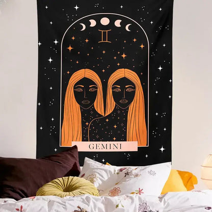 Black gemini-themed celestial constellation tapestry featuring two orange-haired figures under moon phases for decorbites wall art