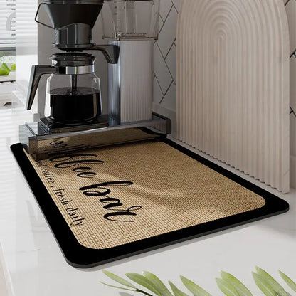Black silicone absorbent espresso machine mat with burlap texture black border and coffee bar script decorbites espresso
