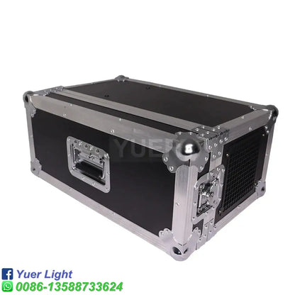 Black flight case with silver aluminum edges and handle designed for 2000w haze machine party room use